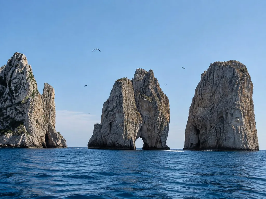 The Faraglioni stacks off Capri, with the arch through the middle stack