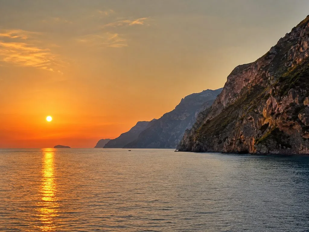 The Amalfi Coast from a boat on the evening sunset run
